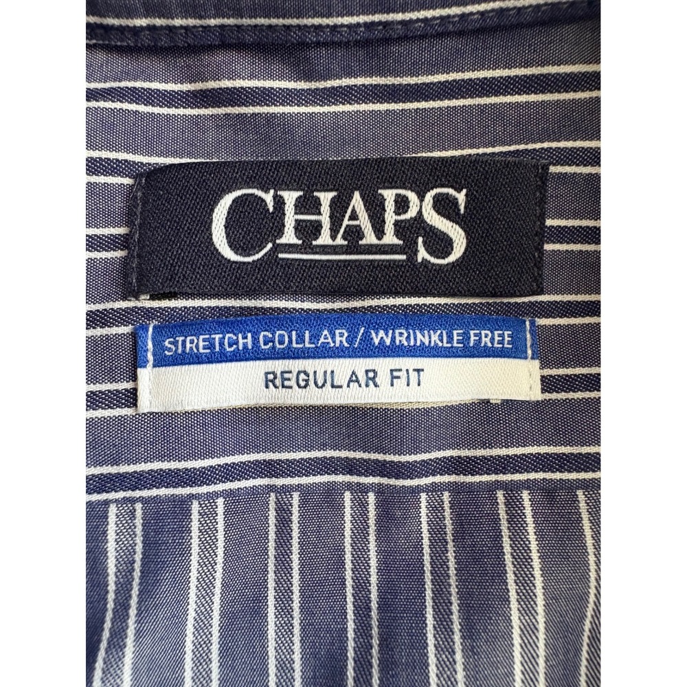 CHAPS Mens Blue White Pinstripe Stretch No Wrinkle  Fit Dress Shirt 17 1/2 32/33 - Picture 6 of 7